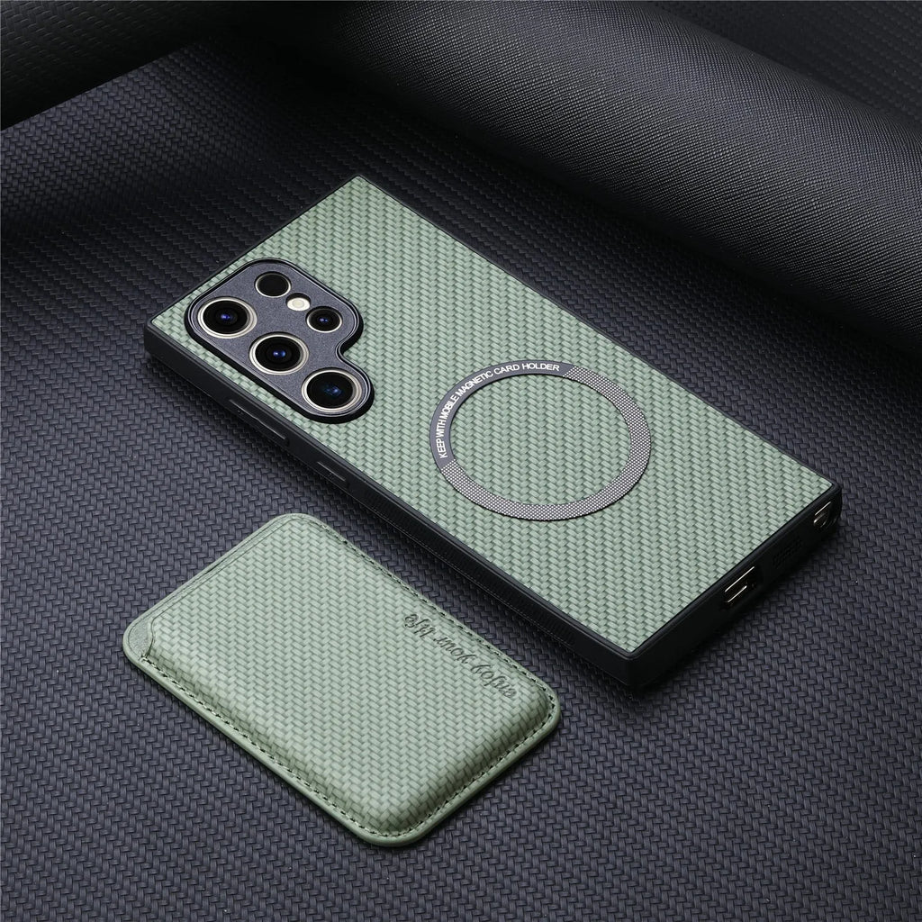 Samsung phone case with two-in-one suction Magsafe card holder in leather finish, black colour, side view