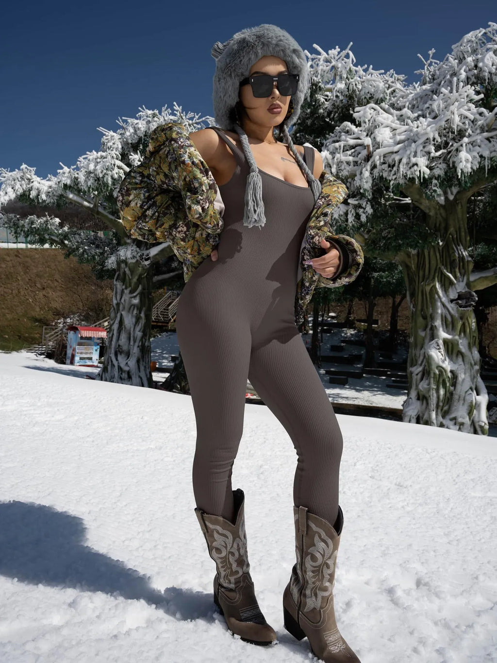 Beige women's suspender tank top tights with long sleeves, button details, and an elasticated waist.