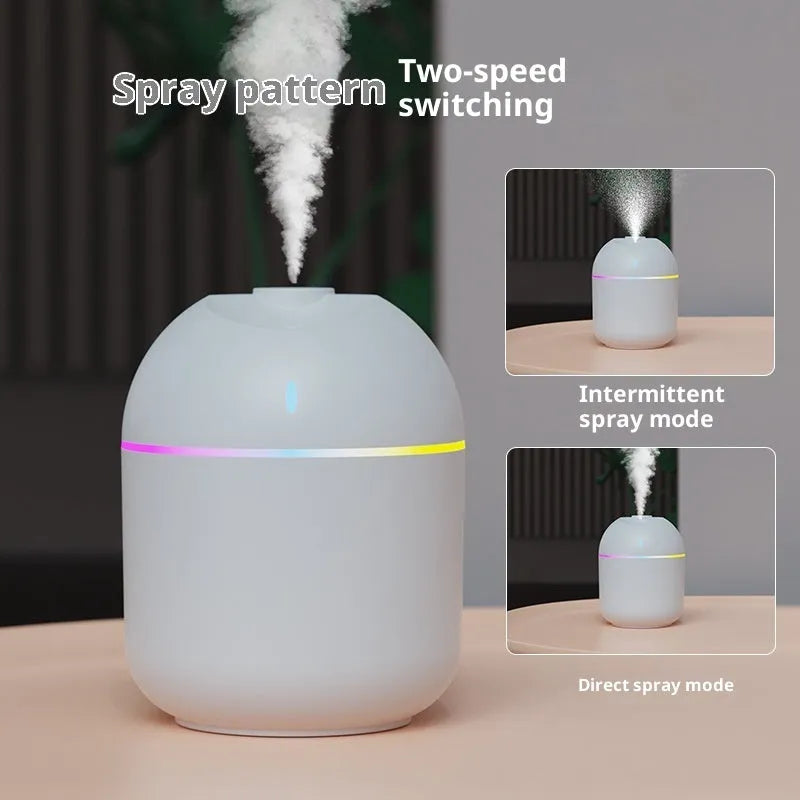 USB mini humidifier with colour light and water drop design in white plastic