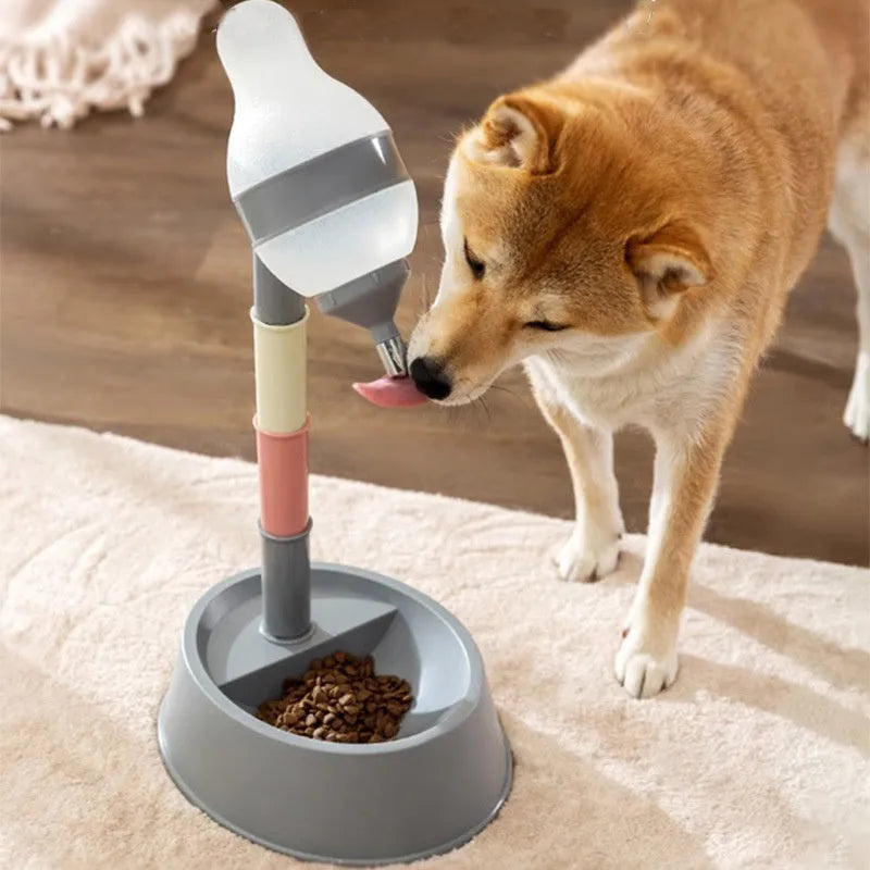 Green adjustable pet standing water dispenser with detachable pole and bowl on a grey floor.