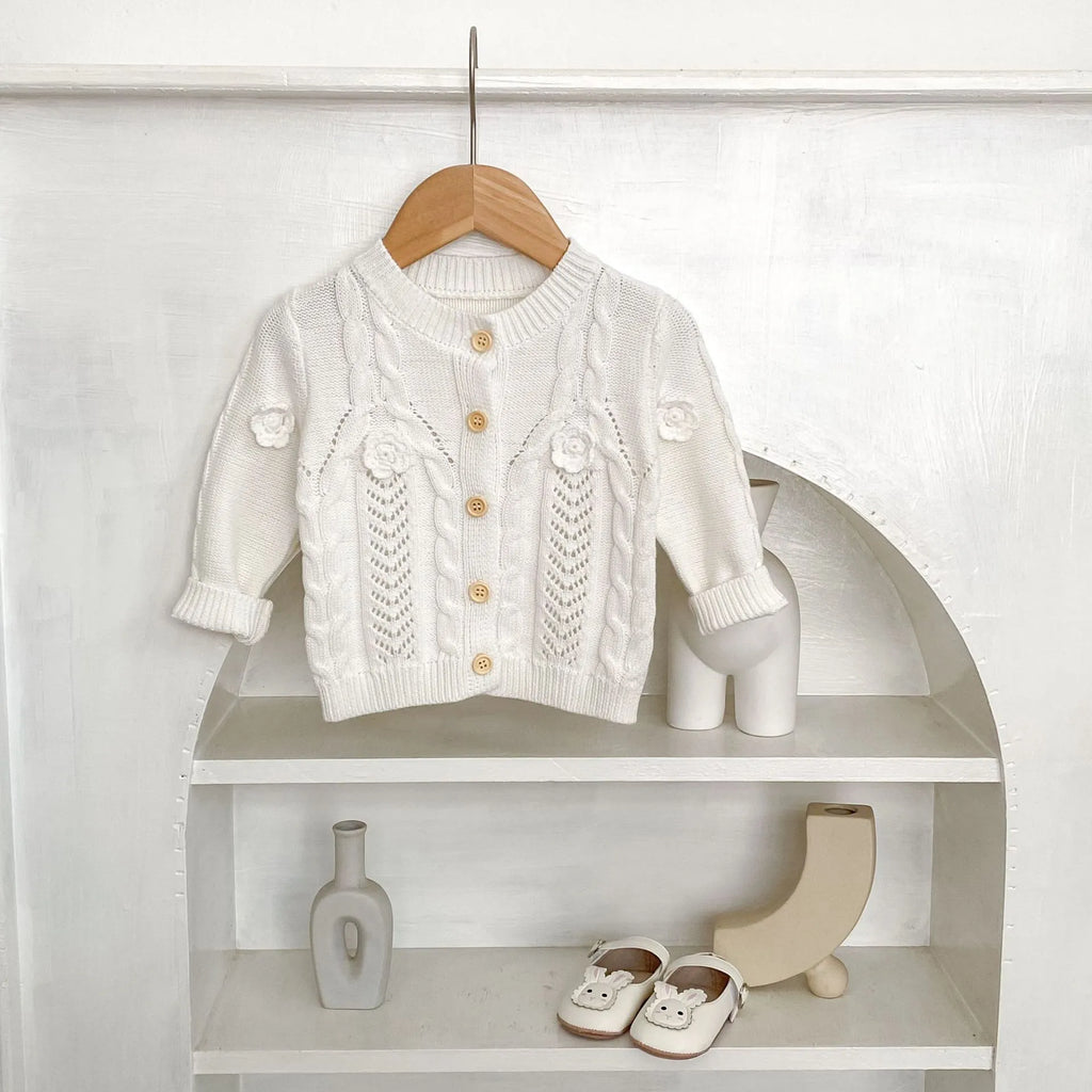 Beige baby girl hand crocheted flowers twist knit pure cotton jacket with long sleeves