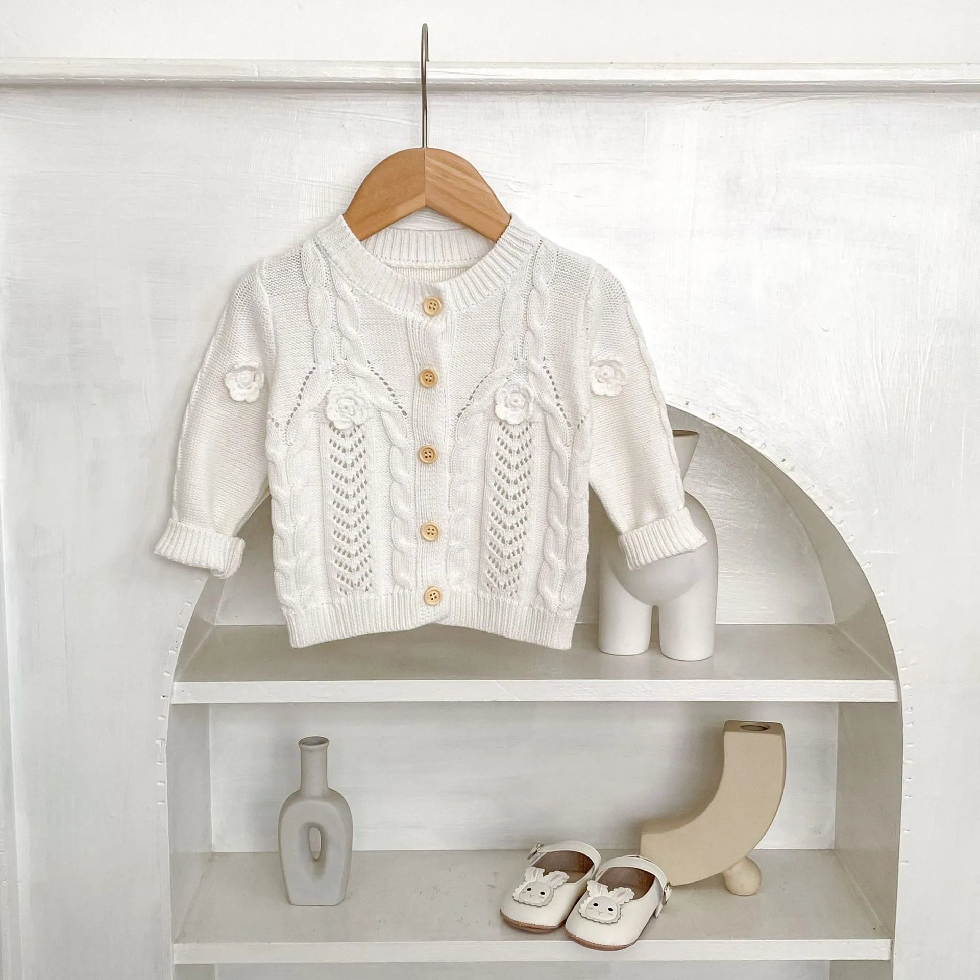 Beige baby girl hand crocheted flowers twist knit pure cotton jacket with long sleeves
