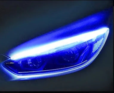 Flexible silicone car LED strip for daytime running lights and animated turn signals on a vehicle headlight.