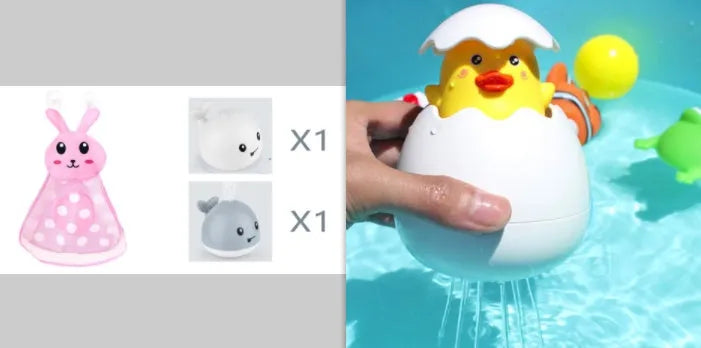 White and blue whale-shaped bath toy spraying water with LED lights on, floating in a baby bath