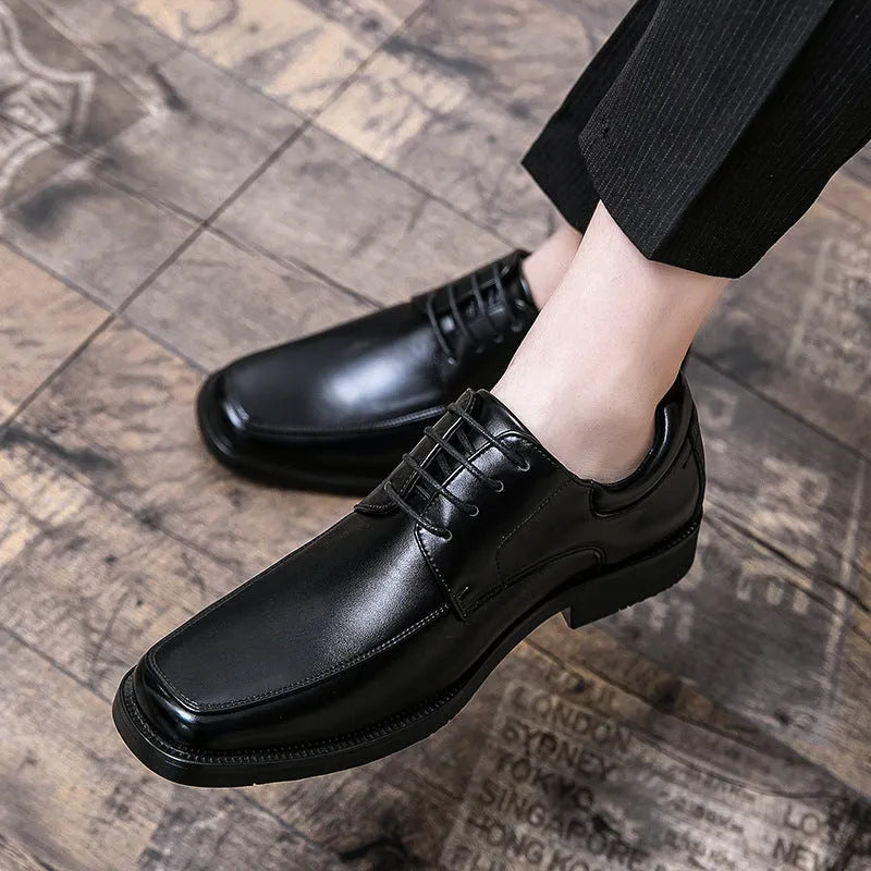 Men's black square toe low-top business casual shoes with artificial PU upper and rubber sole