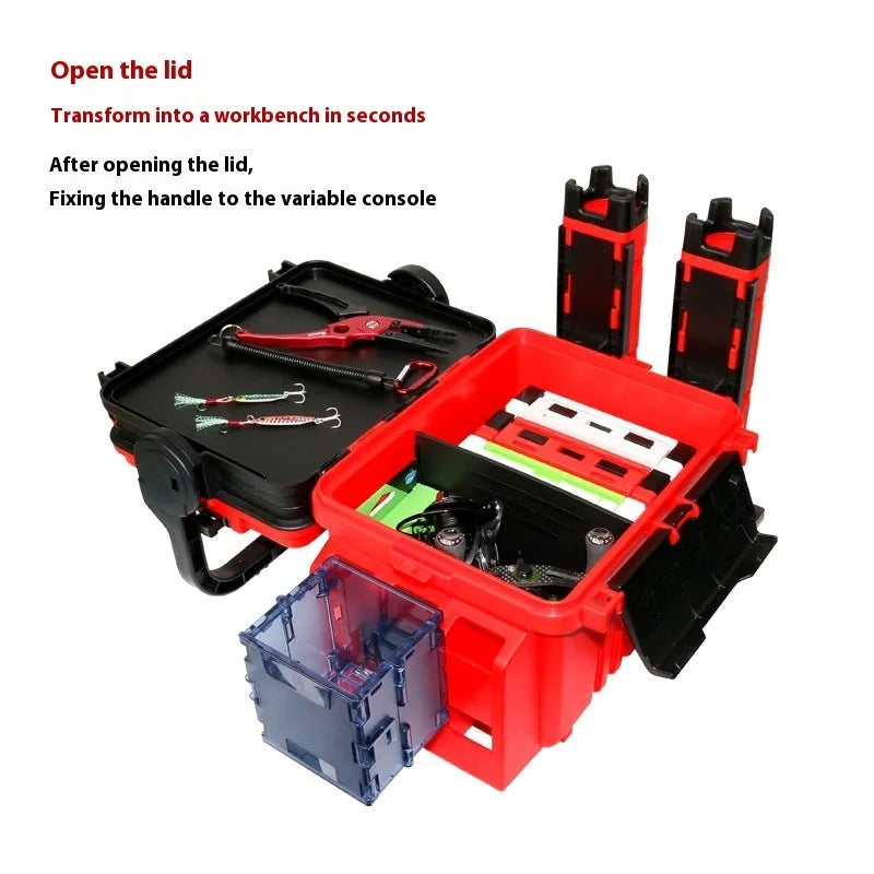 Portable double-layer ABS fishing box in blue with compartments, pole holder, and cup holder