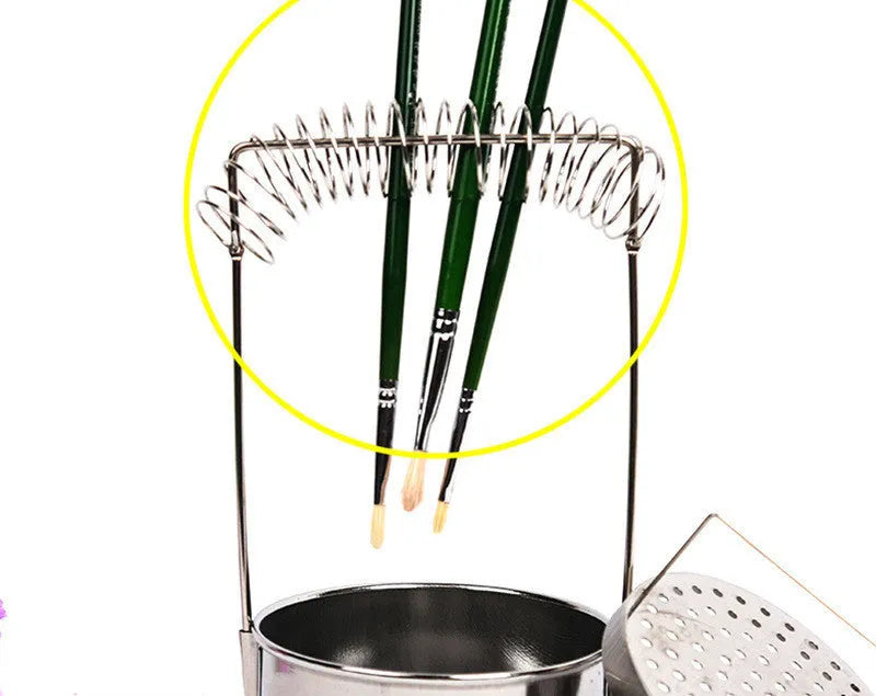 Silver stainless steel oil painting pen washer with a brush clamp and leak-proof plugs