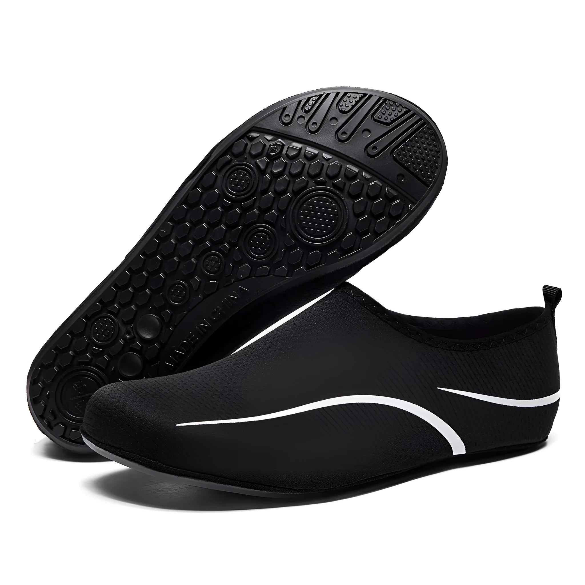 Unisex black low top indoor fitness outdoor wading shoes with Lycra stretch fabric upper and rubber sole