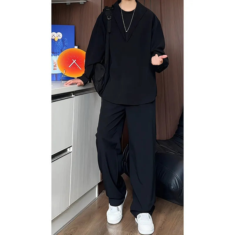 Men's black casual two-piece suit with long sleeve polo shirt and matching trousers in slim fit design