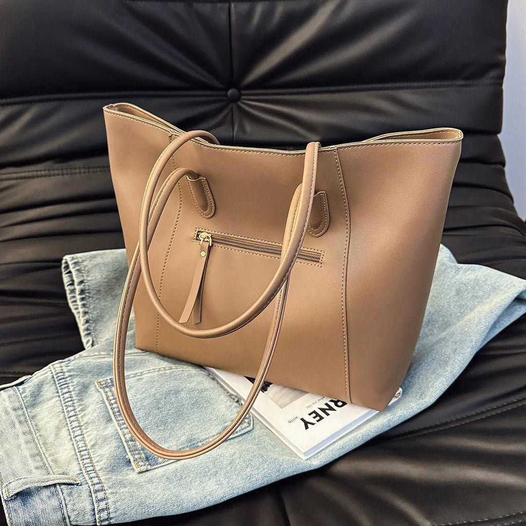 Trend Large Capacity Women's Shoulder Crossbody Handbag PU Leather Shopping Bag Shape Zip Pocket Beige Black Brown Coffee Khaki Wine Red Daily Matching Soft Handbag Double Straps Spliced Design Inner Hidden Pocket Packing List Handbag 1 Count