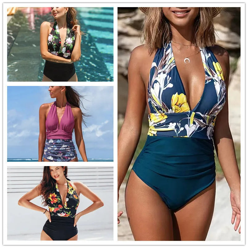 Women's sleeveless one-piece swimsuit in polyester-spandex blend, shown in purple, black, blue, and yellow print colours