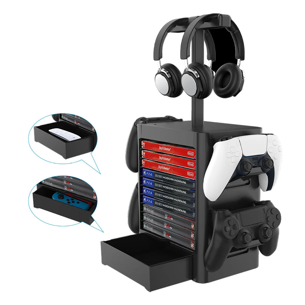 Black ABS game controller storage rack holding PS5 and Xbox controllers with headphones on top