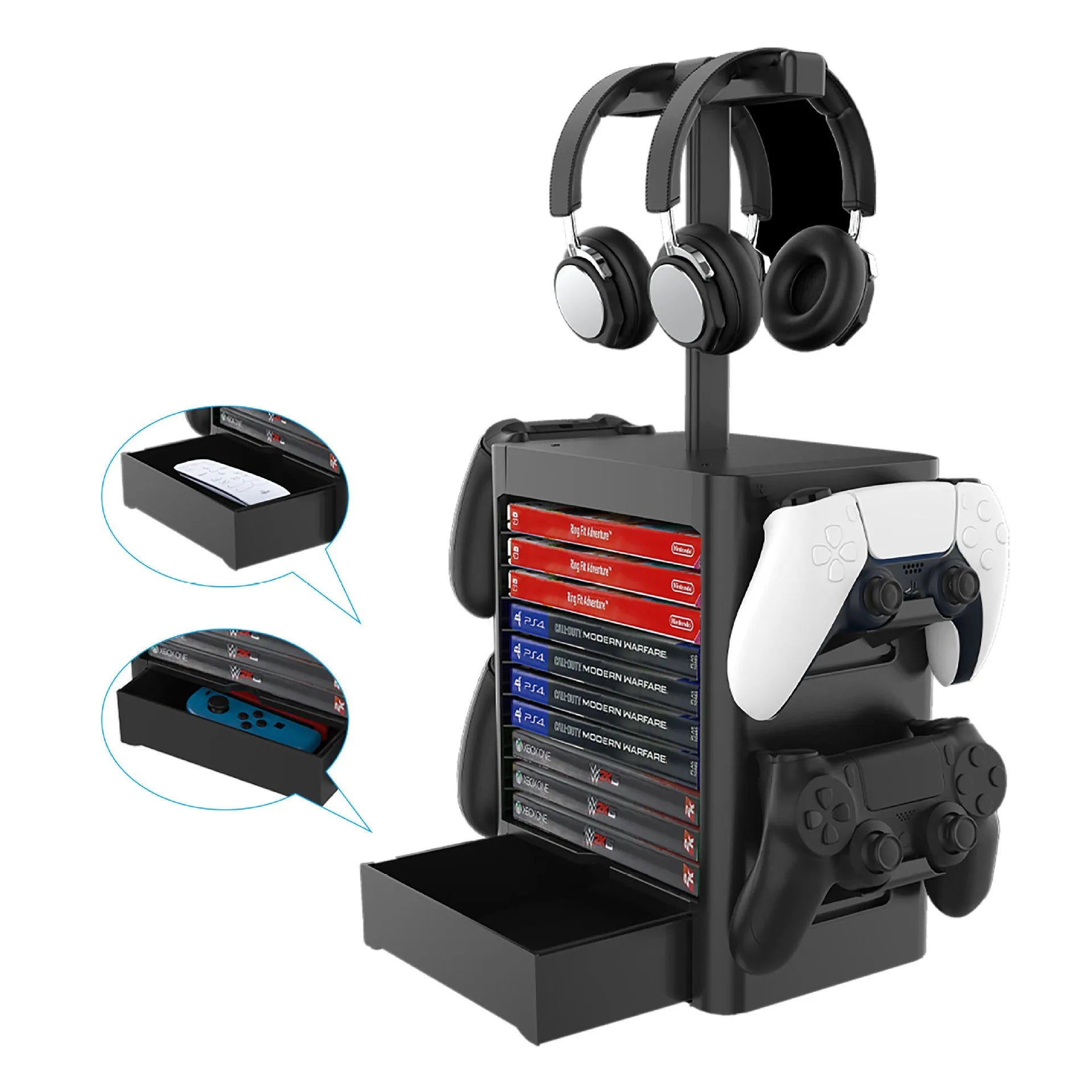 Black ABS game controller storage rack holding PS5 and Xbox controllers with headphones on top