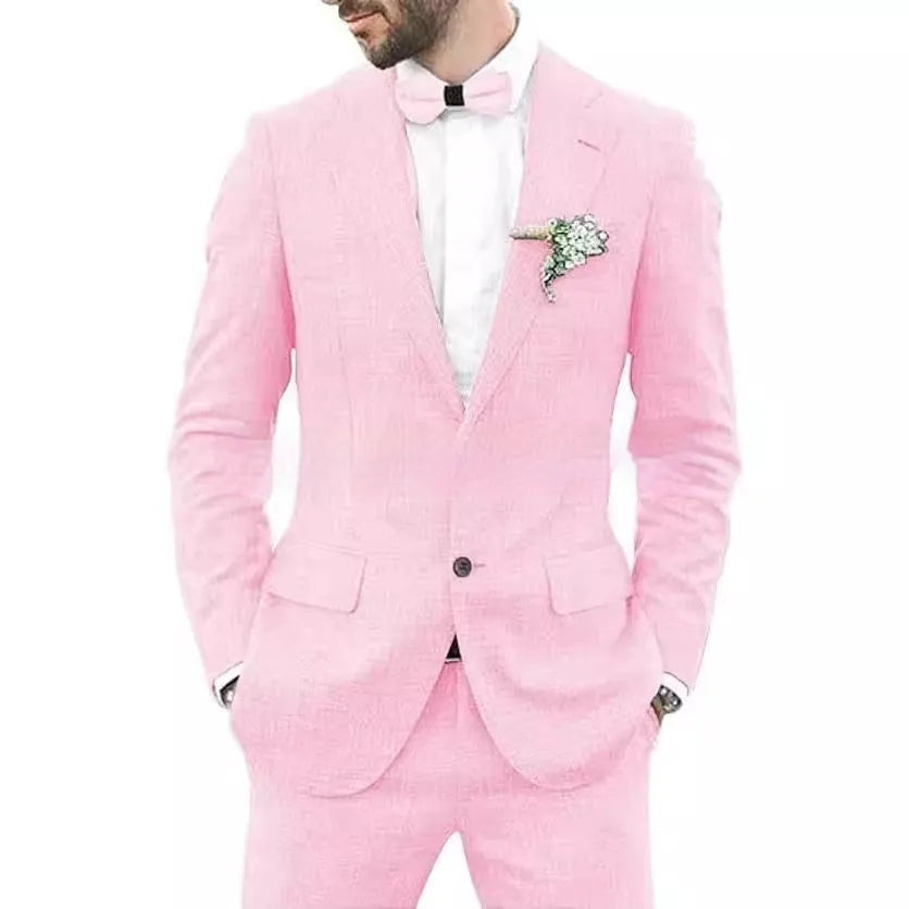 Men's linen hemp blend wedding suit in slim fit with jacket and trousers in dark blue colour