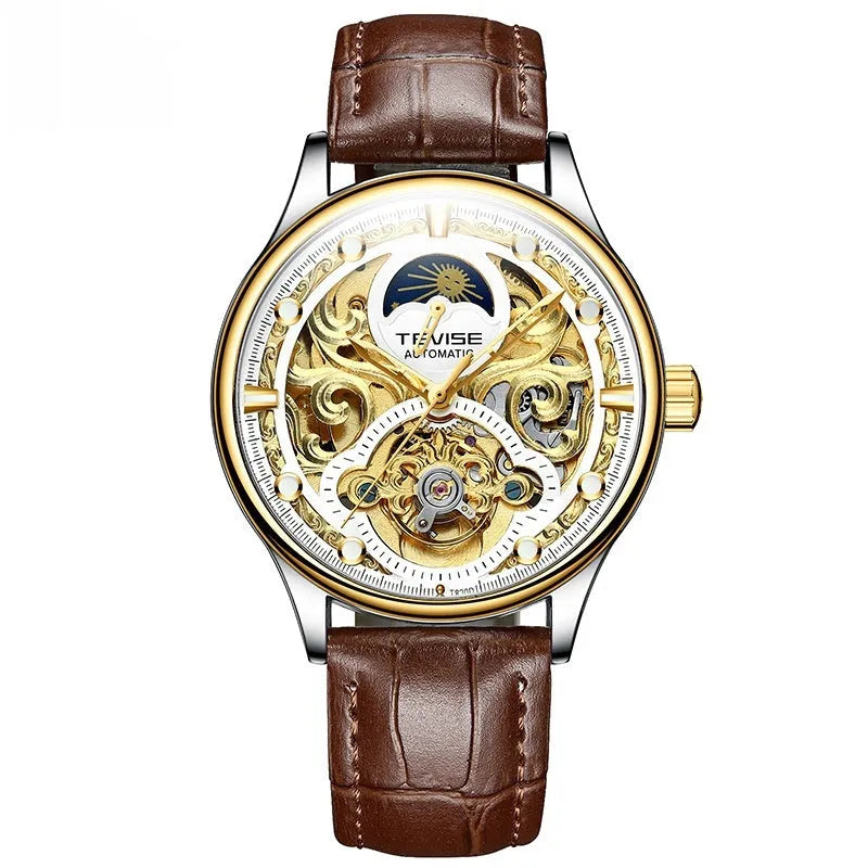 Men's gold leather strap automatic watch with waterproof 16mm case
