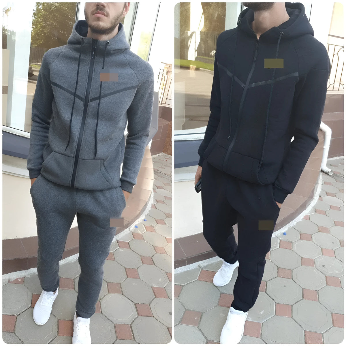Two-piece sports and leisure set in Grey with spandex fabric, front view