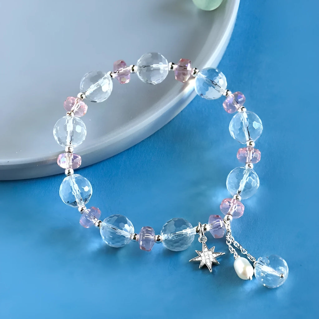 White crystal bracelet for women with diamond shapes and lucky cat charm