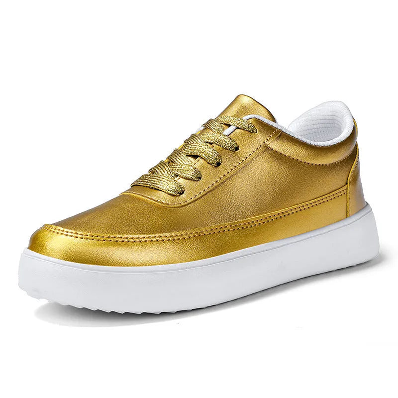 Women's leather lace-up flat casual shoes in white, silver or gold colour options