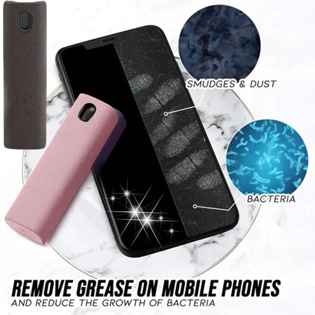 Portable screen cleaner bottle in blue and pink with attached microfiber cloth for cleaning phones and tablets