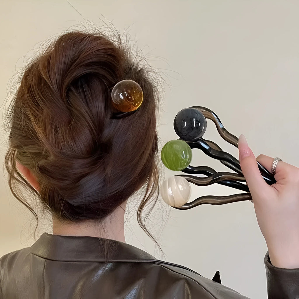 Simple U-shaped acrylic barrettes with ball retro design in beige, caramel, dark gray and green colours
