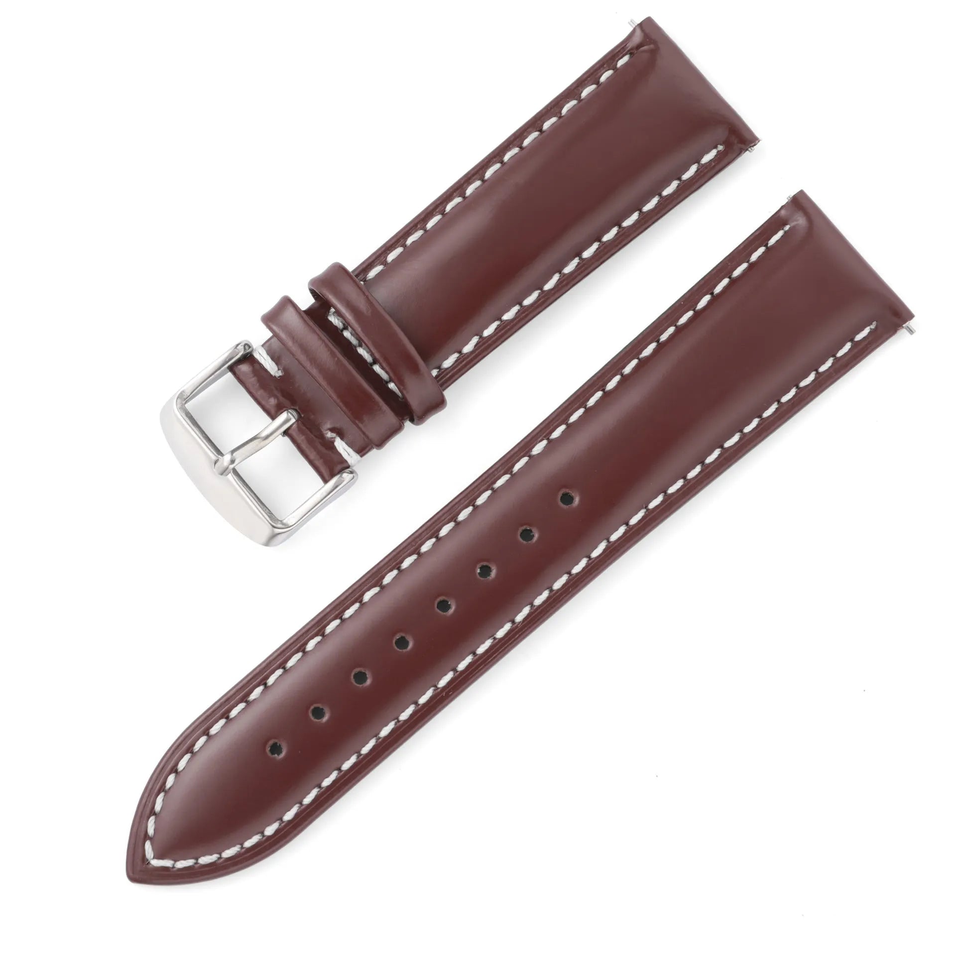 Quick release leather watch strap in bright cowhide, showing colour options and width sizes from 18mm to 22mm.