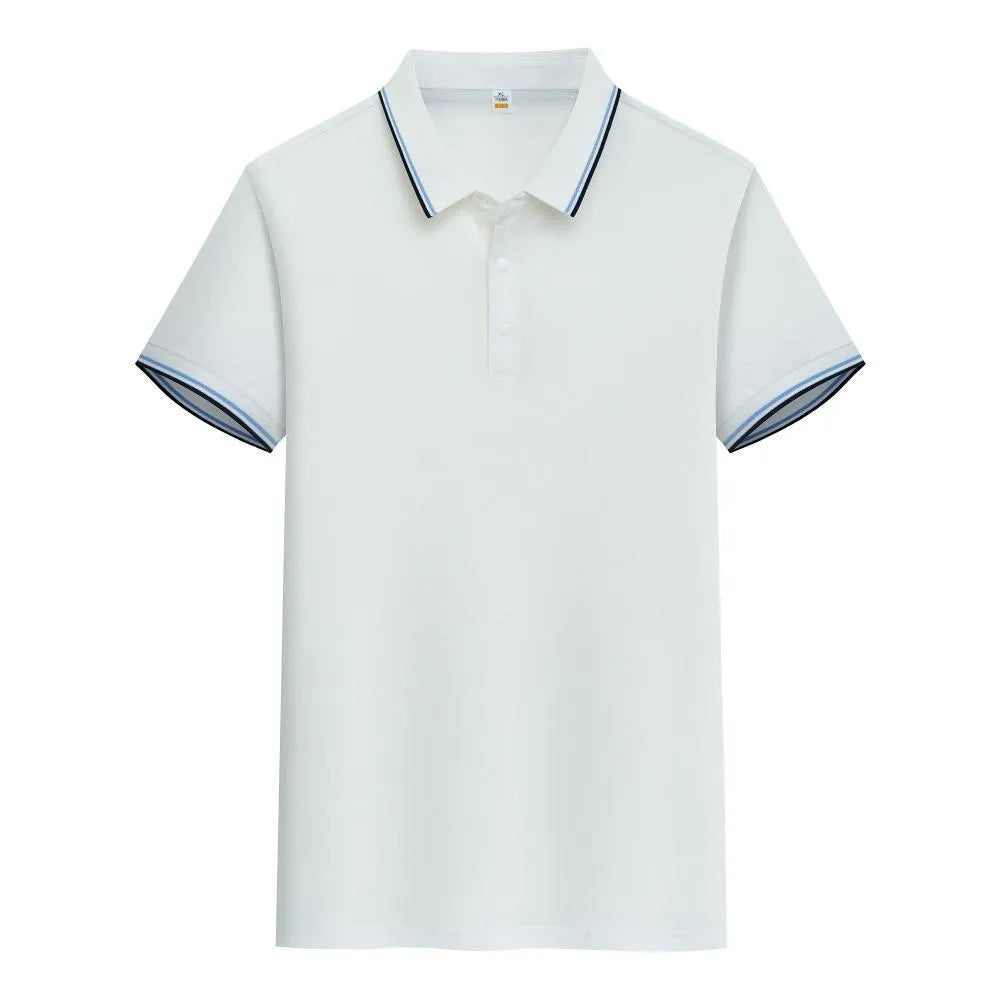 A pure cotton polo shirt with a lapel collar and short sleeves, shown in a light blue colour.