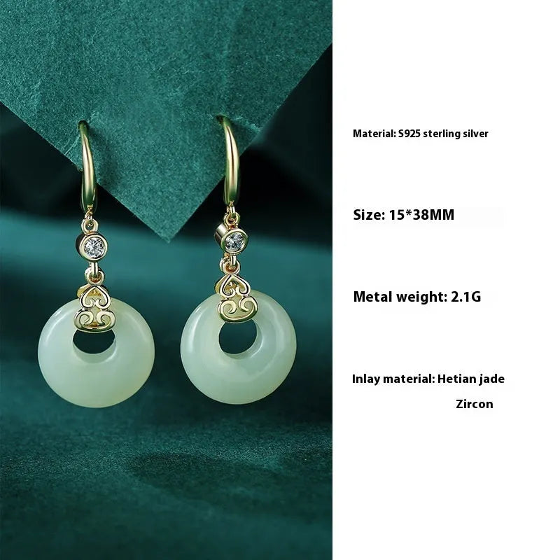 Women's sterling silver jewellery set with gourd bracelet, Fu necklace, and earrings featuring inlaid Hetian jade.