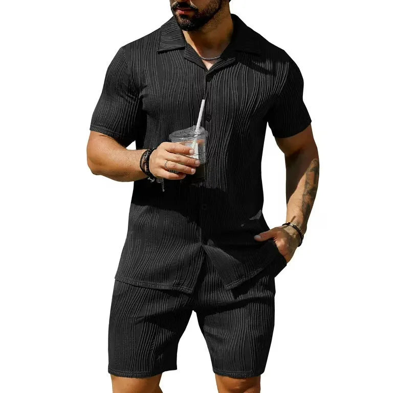 Men's black cotton blend short sleeve shorts set with wave pattern design
