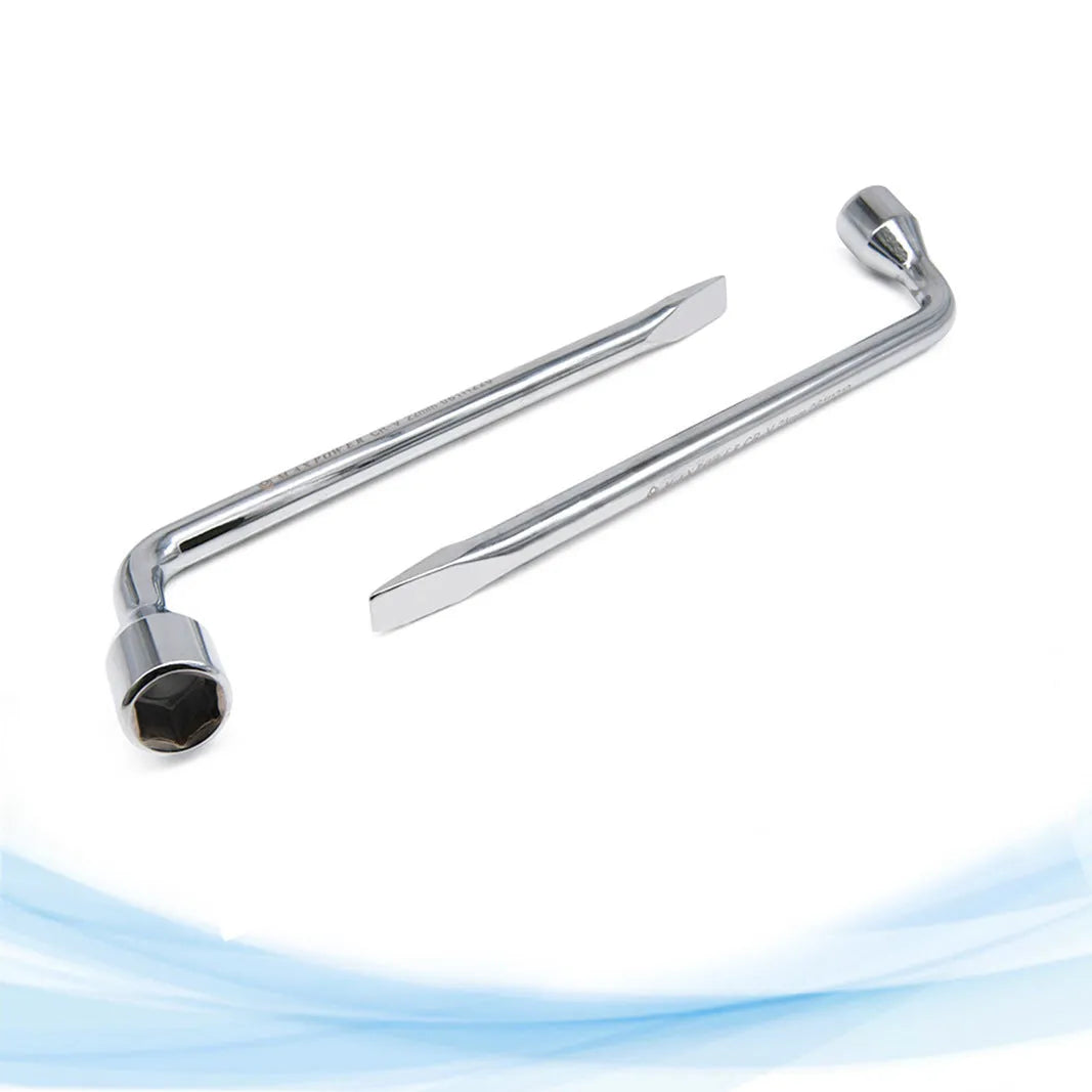 A single L-shaped 19mm socket wrench tool made from chrome vanadium steel on a plain background.