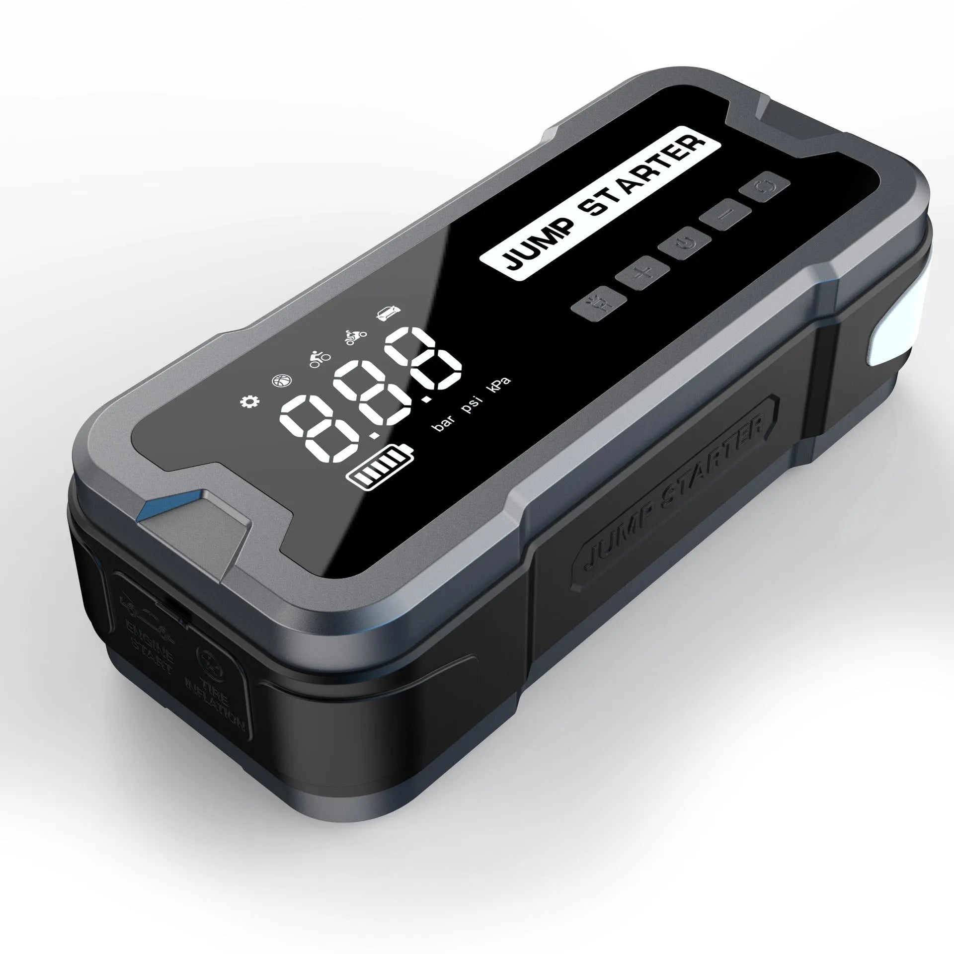 CY53 model black automotive jump starter power bank with built-in air compressor, LCD screen, and LED lights