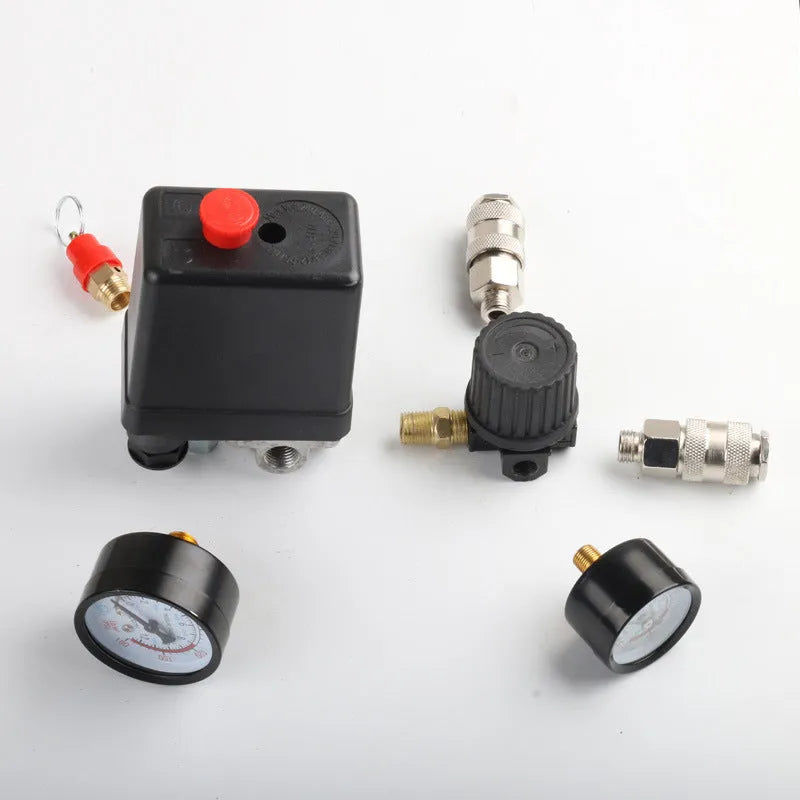 European style air compressor pressure regulating valve assembly with switch box and industrial fittings