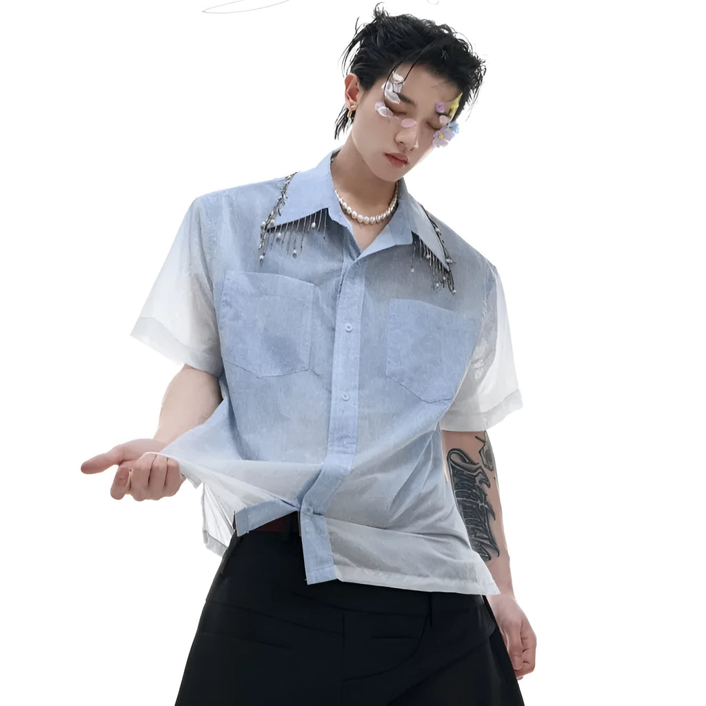 Blue and white gradient short-sleeve loose-fitting shirt for summer casual wear.