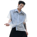 Blue and white gradient short-sleeve loose-fitting shirt for summer casual wear.