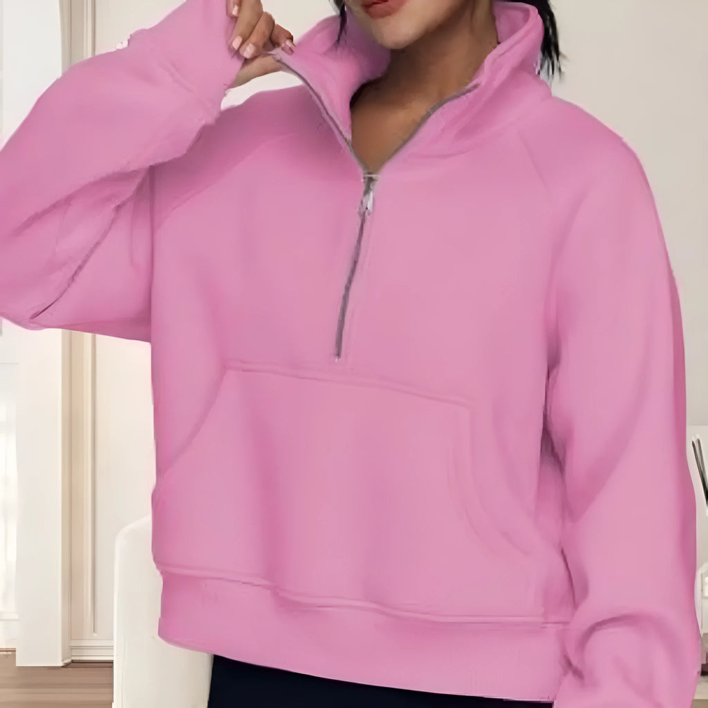 Loose lapel fleece-lined women's sweater in a solid colour, shown with raglan sleeves.