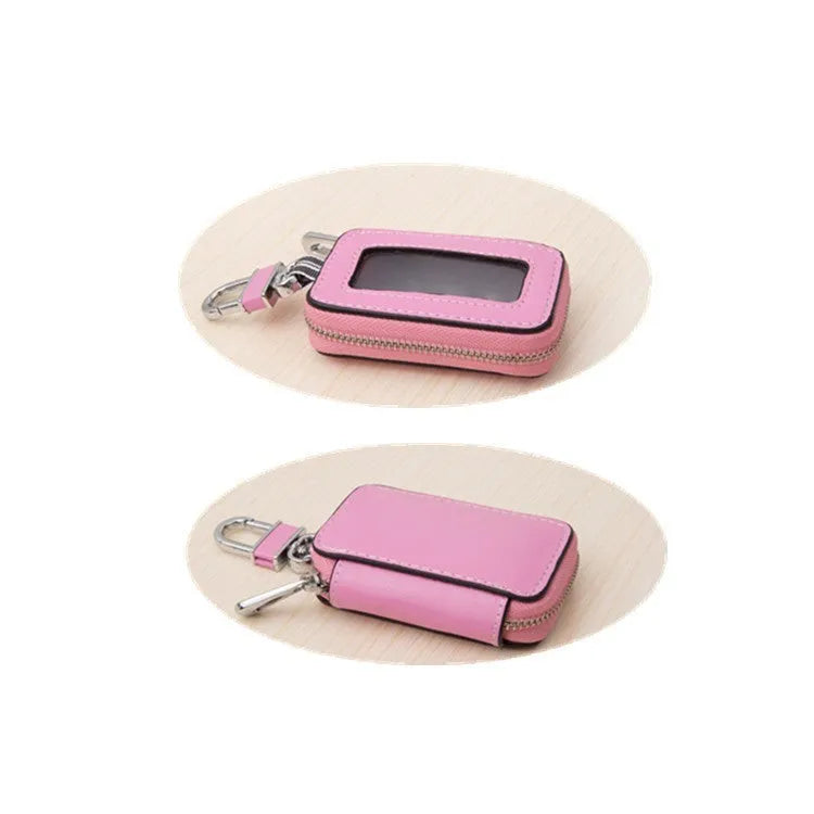 White genuine leather car key case with a plain weave pattern, shown in a square vertical design.