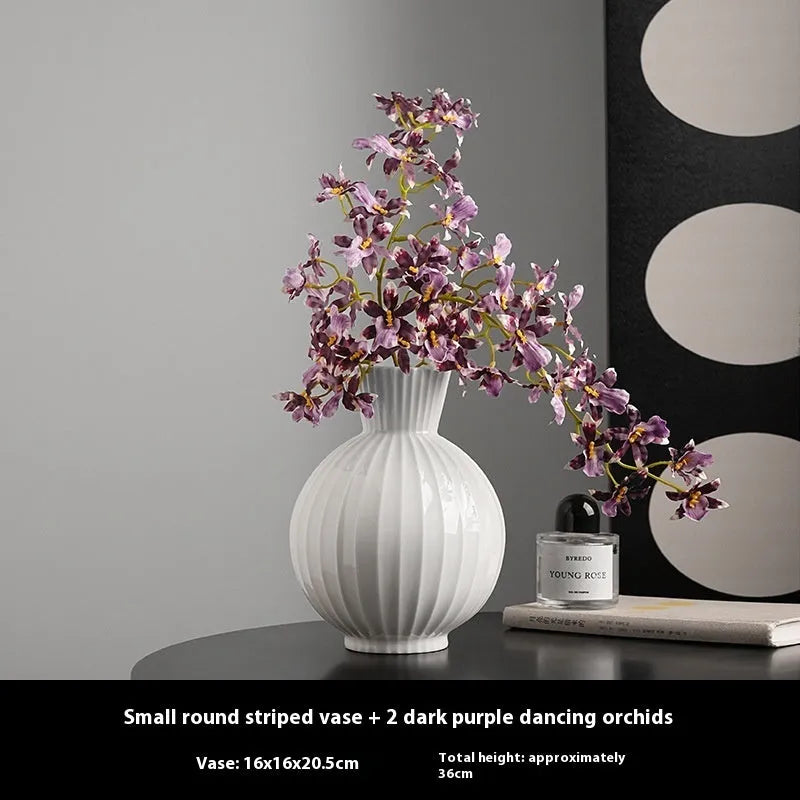 White ceramic ball striped vase in American country style with optional artificial orchid arrangements