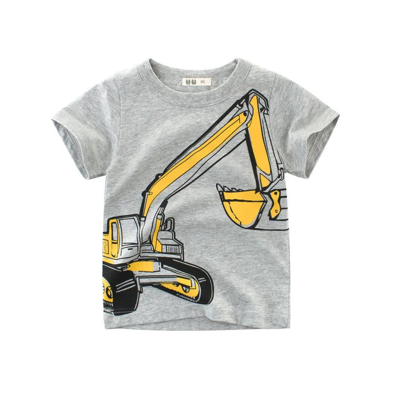 Korean-style children's cotton t-shirt with cartoon print in flower ash colour, showing round neck and short sleeves.