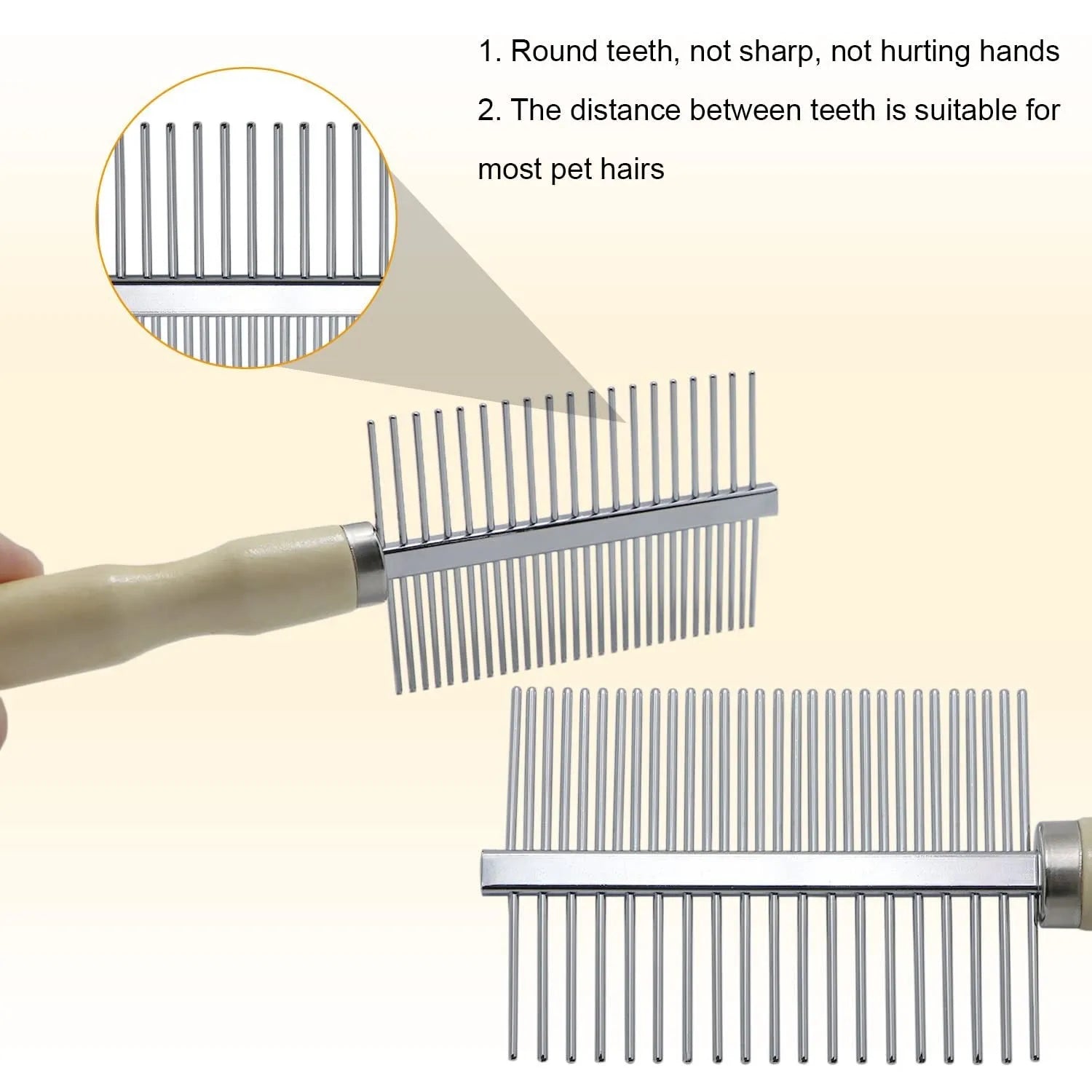 Wooden handle pet grooming comb for dogs and cats with rounded comb needles