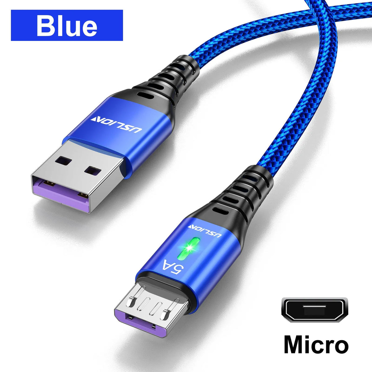 Braided data cable with green indicator light for Android Type-C devices in black blue purple red lengths 0.3m 1m 2m 3m