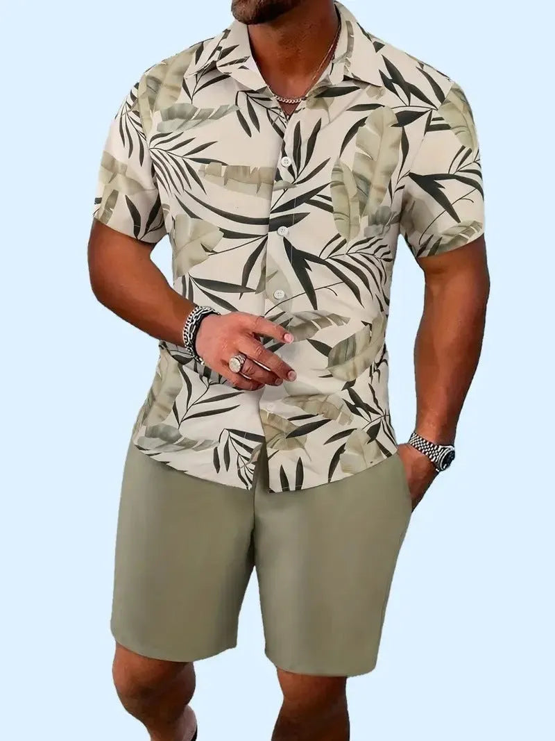 Men's 3D printed Hawaiian style short sleeve shirt and shorts set in polyester fabric.