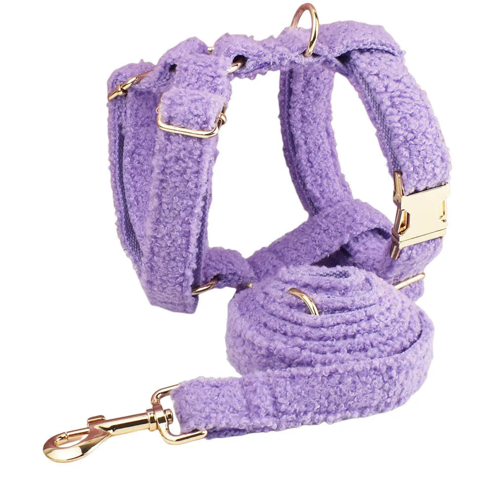 Purple cloth dog collar, leash, bow, and vest set for small dogs