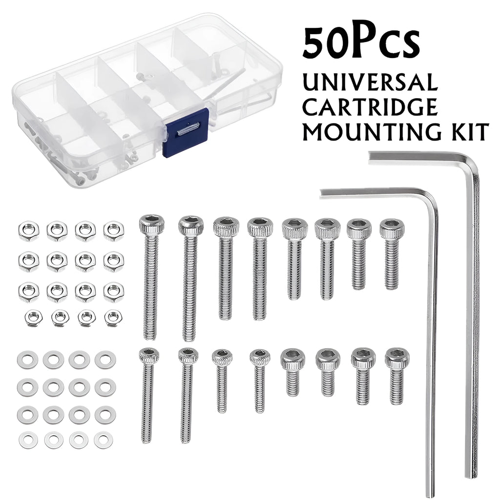 Stainless steel cartridge mounting screw kit with allen keys, nuts, and washers for turntables.