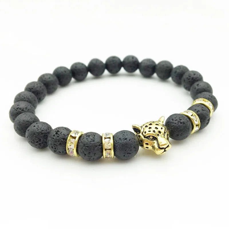 8mm natural stone and lava stone bead bracelet with leopard head pendant for men, 18cm diameter, gold frosted black