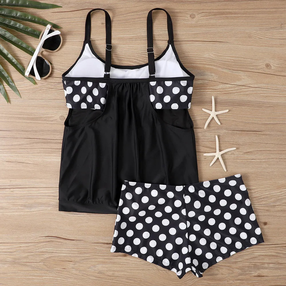 Women's polka dot boxer swimsuit with high-waist briefs in multiple colour options
