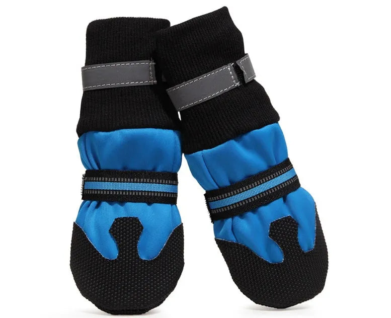 Waterproof dog boots for large medium dogs in blue with non-slip rubber sole and reflective velcro straps