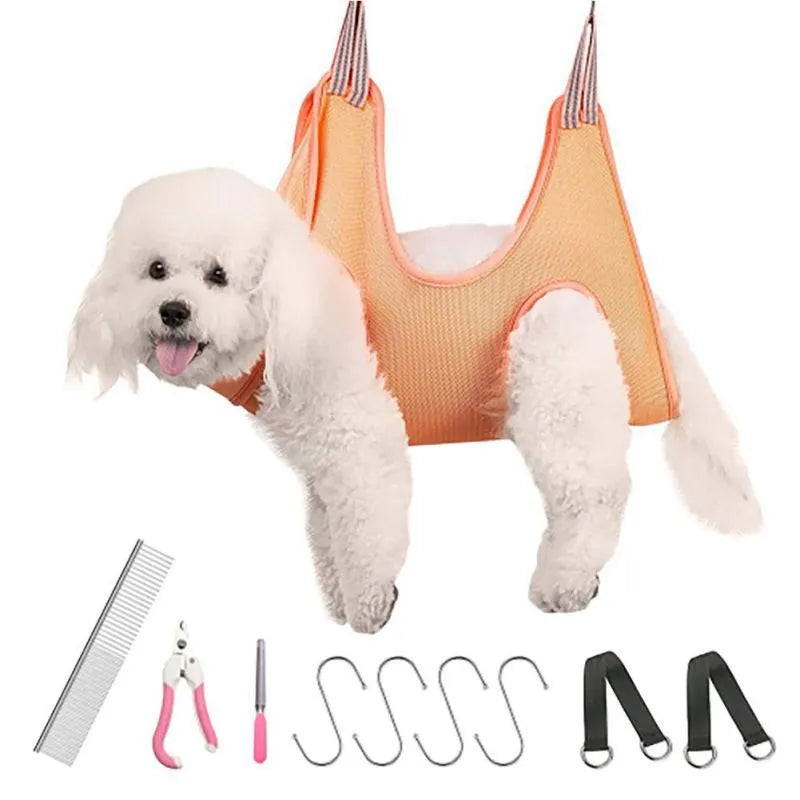 Breathable sandwich fabric grooming hammock for small and medium cat or dog nail trimming, exposing paws and head