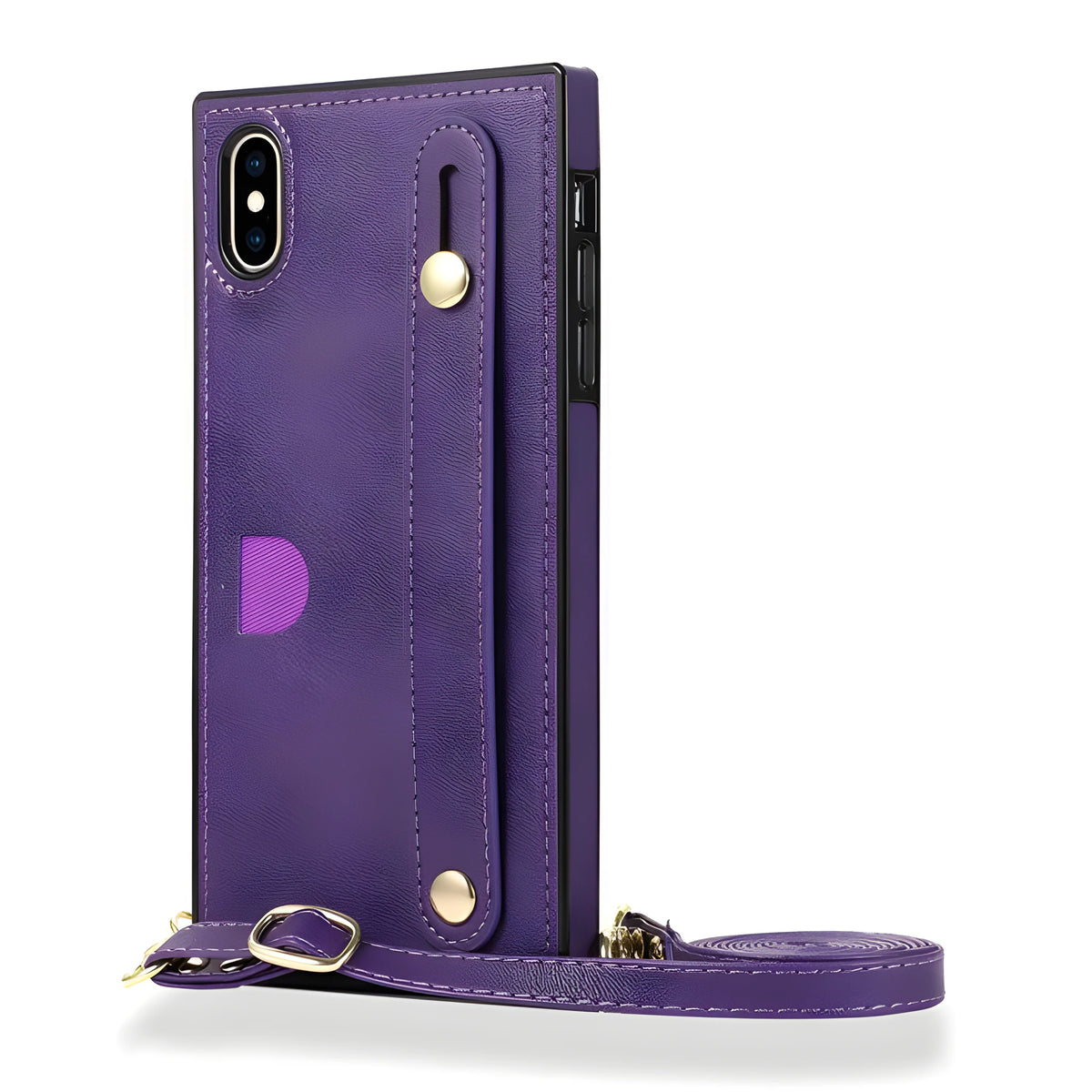 Leather phone case with card holder and wristband in black, showing back cover and wrist strap