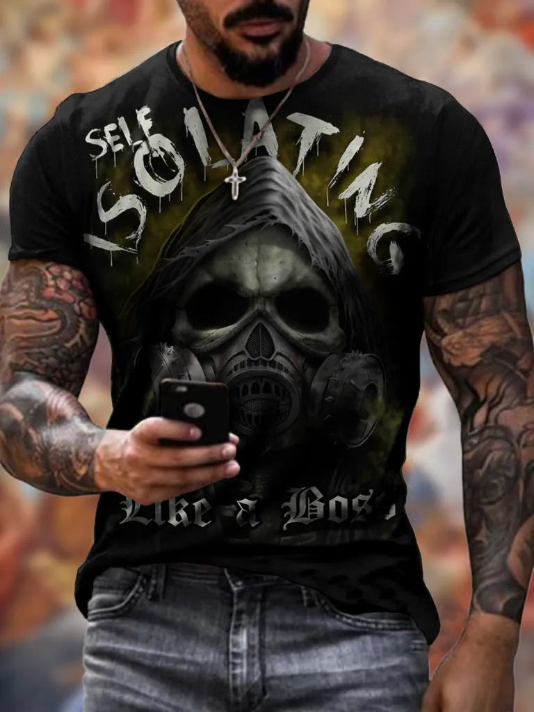 Summer 3D skull full-body printed T-shirt for men in milk silk fabric with geometric pattern, short sleeves, round neck