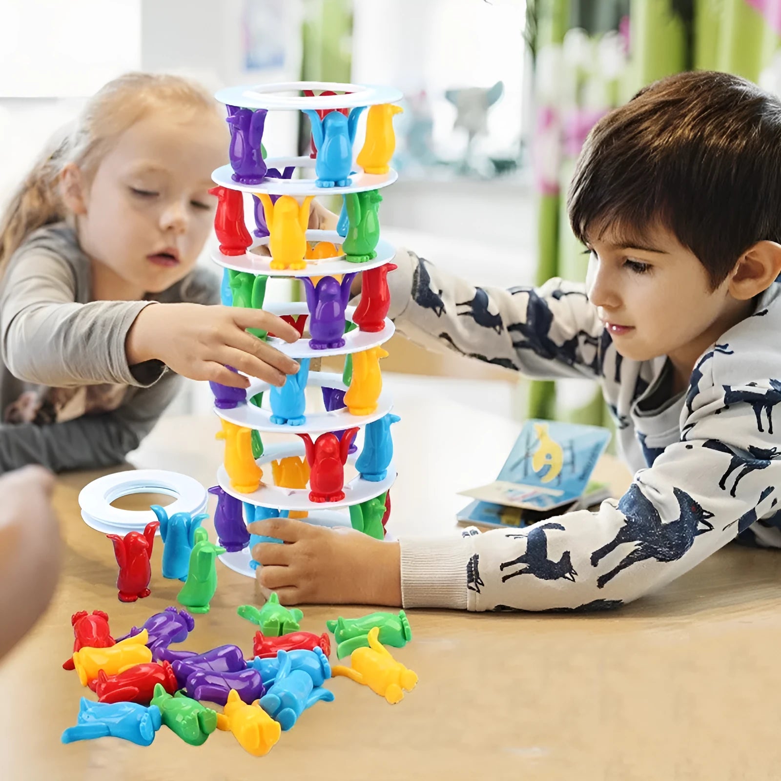 Penguin tower collapse desktop balance game with plastic blocks for children aged 4-6