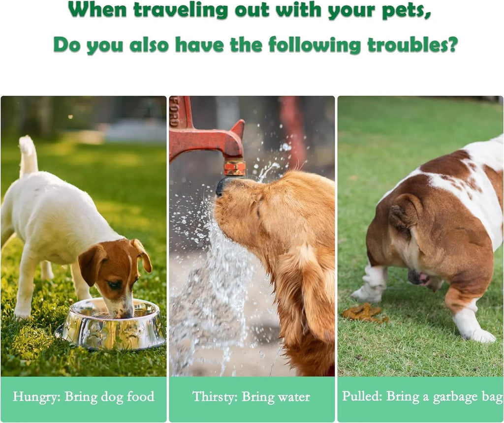 Green 3-in-1 pet water bottle with food container and waste bag dispenser, showing carrying strap.